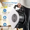 A person is holding a portable blower fan, with text overlays highlighting its features. Voir les images du produit