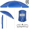 Collage of a blue beach umbrella, its carrying bag, and a close-up of the umbrella fabric with a logo. Produktbild-Vorschau