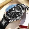 Close-up of a luxury men's watch with a black leather strap and a detailed black dial. Produktbild-Vorschau
