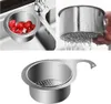 A collage of images showing a stainless steel sink strainer in use and as a standalone product. Náhled obrázku produktu