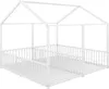 A white metal house-shaped bed frame with a slatted base and a safety railing around the sides, shown against a white background. Produktbild-Vorschau