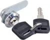 A silver cam lock and two keys with black plastic handles are shown against a white background. Produktbild-Vorschau
