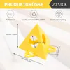 A yellow triangular pyramid stand with dimensions indicated, alongside text describing product features and quantity. Produktbild-Vorschau