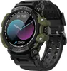 A close-up, studio shot of a black and green smartwatch with a digital display.