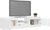 A white TV stand with a TV on it, in front of a white background. Produktbild-Vorschau