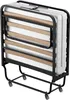 A folded portable bed with a mattress and a black metal frame is shown on a white background. Voir les images du produit