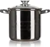 A stainless steel pot with a lid and handles, shown from the front on a white background. Náhled obrázku produktu