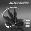 A gaming chair shown in multiple reclining positions with angle indicators. Produktbild-Vorschau
