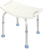 A white shower stool with adjustable silver legs and blue rubber feet, shown against a white background. Produktbild-Vorschau