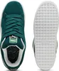 A top-down view of a pair of green Puma Suede XL sneakers, shown separately from their white soles. Produktbild-Vorschau