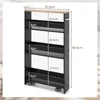 A diagram showing the dimensions of a narrow shelving unit with wheels. Podgląd zdjęcia produktu