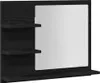 A product shot of a black wooden bathroom mirror with shelves. Produktbild-Vorschau