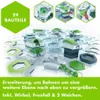A marketing image showing a marble run extension set with various components and text describing its features. Produktbild-Vorschau