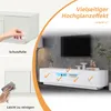 Collage showing a white high-gloss TV stand with LED lighting, and demonstrating features like protective film and ease of cleaning. Produktbild-Vorschau