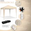A marketing image showcasing a beige pop-up pavilion with various features highlighted through text and close-up images. Produktbild-Vorschau