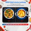 A close-up of a black double induction cooktop with food cooking in two pots, with marketing text and temperature settings displayed. Produktbild-Vorschau