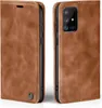 A brown leather flip case for a smartphone, shown from the front and back. Produktbild-Vorschau