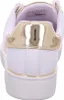 The back view of a white Guess sneaker with gold accents. Produktbild-Vorschau