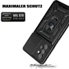 A black phone case with a ring holder and a sliding camera cover is shown at an angle, with some debris at the bottom suggesting a drop. Produktbild-Vorschau