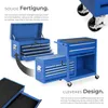 A blue tool cart with drawers and a removable top box, shown with text highlighting its features. Náhled obrázku produktu