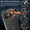 A close-up marketing image showcasing a phone camera lens protector with various feature callouts. Produktbild-Vorschau
