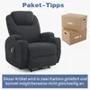 A dark gray recliner chair is shown next to two cardboard boxes labeled "BOX 1" and "BOX 2". Text at the top reads "Paket-Tipps" (Package Tips) and text at the bottom reads "Dieser Artikel wird in zwei Kartons geliefert und kommt möglicherweise nicht gleic Produktbild-Vorschau