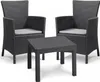 A set of two dark grey wicker chairs and a matching coffee table, presented on a white background. Produktbild-Vorschau