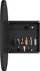 A black oval medicine cabinet with its door open, revealing shelves stocked with various toiletries and cosmetic products. Podgląd zdjęcia produktu