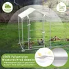 A chicken coop in a grassy outdoor setting with chickens inside. The image includes marketing overlays highlighting features like sun and rain protection, and waterproof fabric. Náhled obrázku produktu