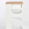 A white kitchen trolley with a wooden top and a wire basket, a slatted shelf, and a wine rack at the bottom. Produktbild-Vorschau