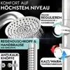 A close-up marketing image of a shower head and hand shower with text overlays highlighting features. Produktbild-Vorschau