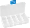 An open, clear plastic storage box with multiple compartments and a blue latch. Produktbild-Vorschau