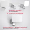 Collage of a white motion sensor light fixture mounted on a textured wall, demonstrating different adjustment angles and sensor coverage. Produktbild-Vorschau