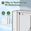 A close-up view of a greenhouse with marketing text and icons highlighting its features. Produktbild-Vorschau