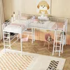 A bedroom scene featuring a white metal loft bed with two sleeping areas, a desk, and stairs, decorated with pink bedding and a teddy bear. Náhľad obrázku produktu