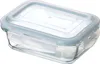 A clear, studio shot of a glass food storage container with a light blue lid. Produktbild-Vorschau