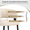 Close-up of a beige chair with text overlays highlighting ergonomic features and a diagram of a spine. Voir les images du produit