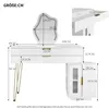 A diagram showing the dimensions of a white vanity table with a mirror and a cabinet. Voir les images du produit