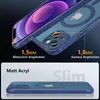 A close-up marketing image showing a blue iPhone case with a transparent back, highlighting its protective features and slim design. Produktbild-Vorschau