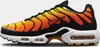 A side view of a Nike Air Max Plus TN sneaker with a sunset orange and yellow gradient. Voir les images du produit