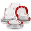A collection of white porcelain dinnerware with red curved line patterns, arranged in stacks and sets. Náhled obrázku produktu