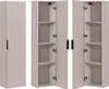 Three views of a tall, narrow cabinet with a ribbed front and a black handle. One view shows the cabinet closed, and the other two show it open, revealing shelves inside. Produktbild-Vorschau