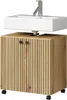 A white sink with a silver faucet is mounted on top of a wooden cabinet with slatted doors and black handles. The cabinet has four black wheels at the bottom. Produktbild-Vorschau
