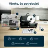 A kitchen counter setting displaying a meat slicer and its components, with explanatory labels. Náhľad obrázku produktu