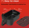 A black air fryer basket and cooking tray are shown with dimensions indicated by arrows and text. Produktbild-Vorschau