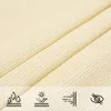 A close-up view of cream-colored fabric, likely a sun sail, with four icons at the bottom representing water resistance, UV protection, wind permeability, and privacy. Produktbild-Vorschau