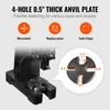 A close-up of a manual arbor press with a diagram showing the dimensions of its anvil plate. Náhľad obrázku produktu