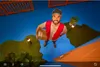 A delivery person holding a package in a stylized outdoor setting. Produktbild-Vorschau