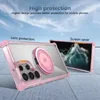 A pink phone case with a magnetic ring holder is shown next to a phone displaying a screen saver, against a backdrop of a cloudy sky and a tiled floor. Produktbild-Vorschau