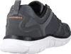 A rear view of a dark gray Skechers sneaker with a white sole. Produktbild-Vorschau